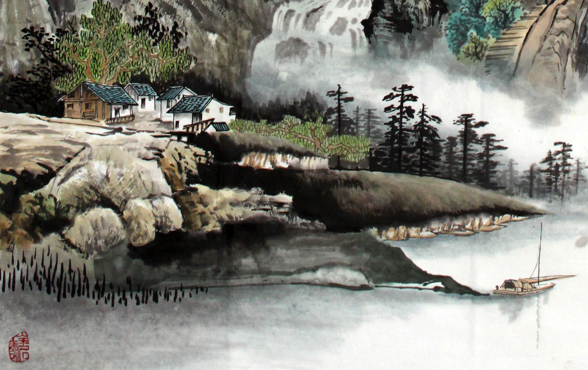 家住写意挂的山水画《适合峡岸听鸣泉》-客厅小学英语人教课本版图片