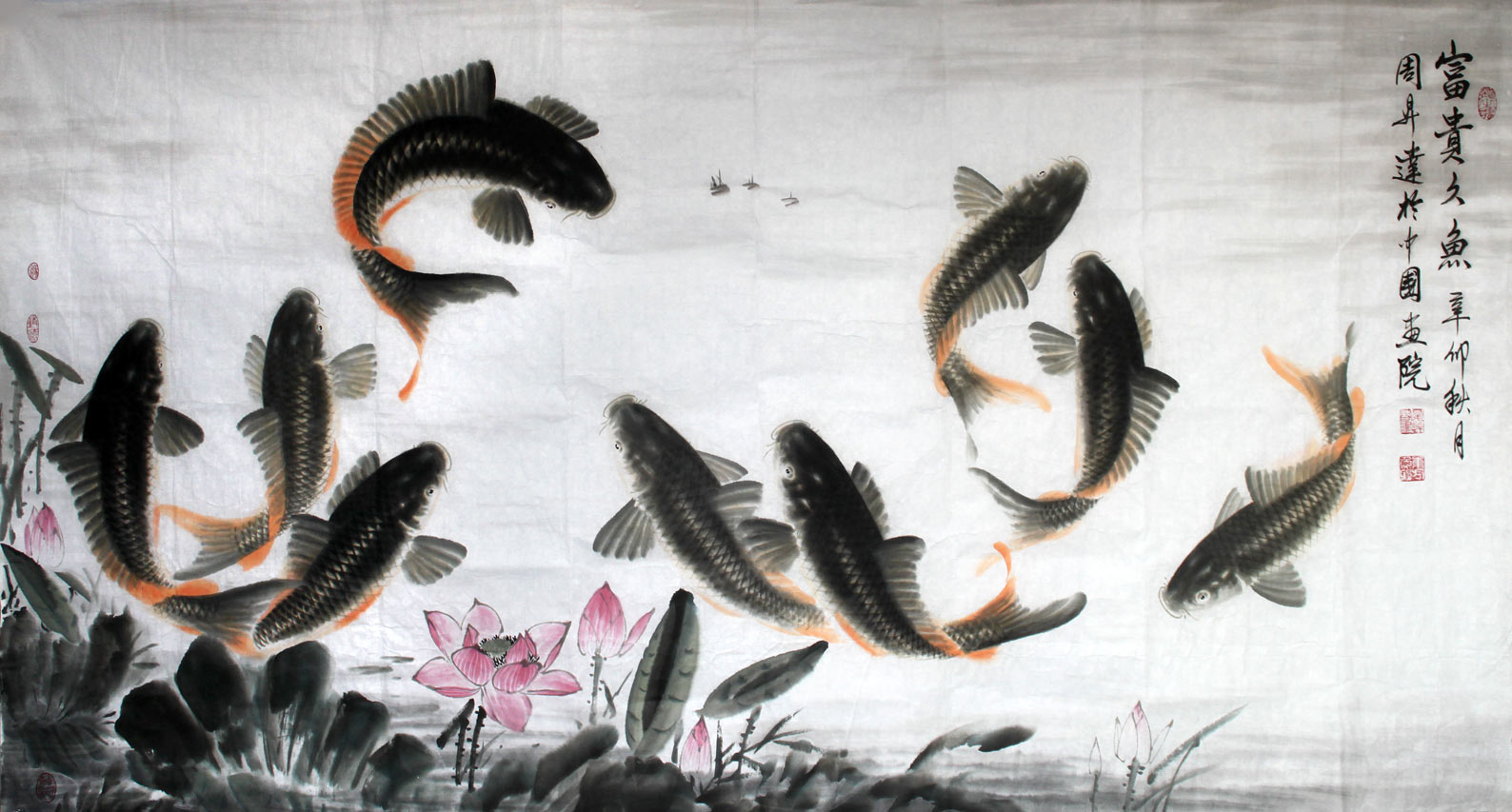 中国古美術・荷花鯉鱼図三尺画芯・啓功印款・水墨画・純手描き・文房具・宣紙・带水印 中国古美術・荷花鯉鱼図三尺画芯・啓功印款・水墨画・純手描き・文房具