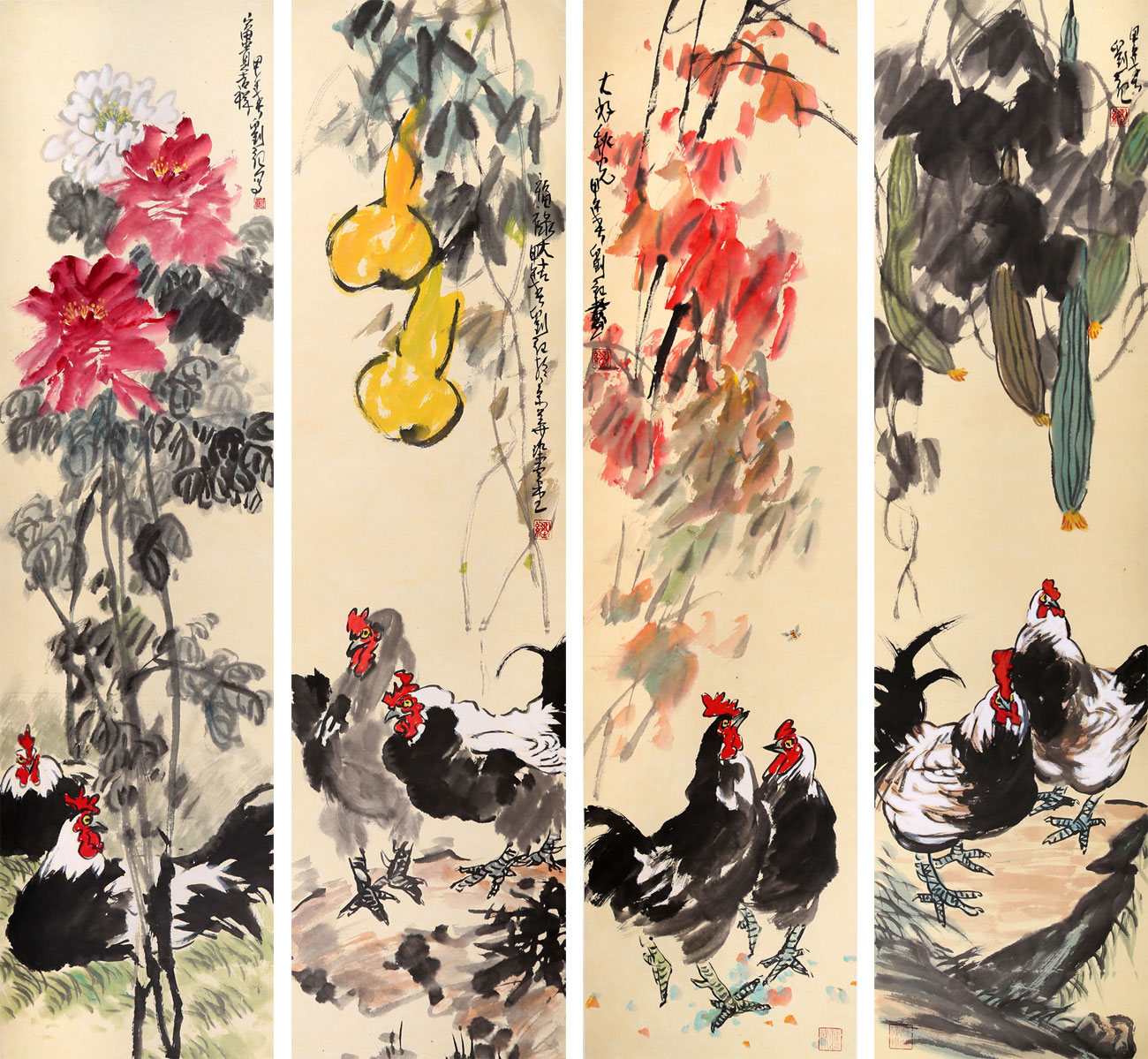 中国古美術★純手描き四条屏・人物画芯★国画・斉白石印款・肉筆・宣紙・带水印・文房 中国古美術☆純手描き四条屏・人物画芯☆国画・斉白石印款・肉筆