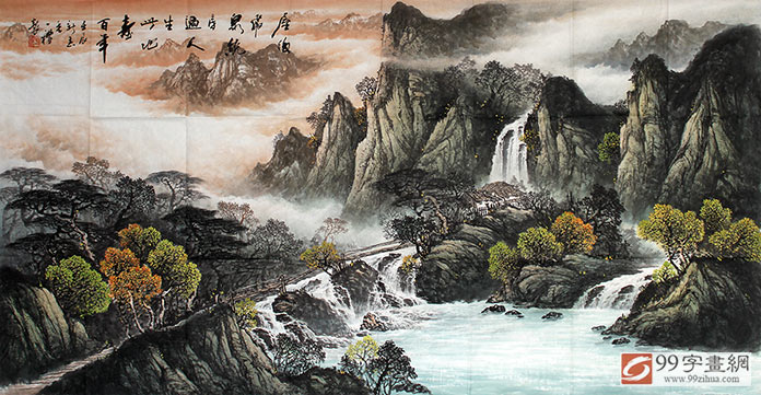 祝寿山水画作品《人生此地寿百年》 - 写意山水画- 99字画网