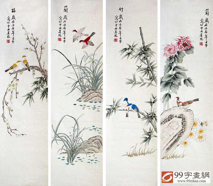 中国古美術☆純手描き四条屏・梅兰竹菊画芯☆国画・