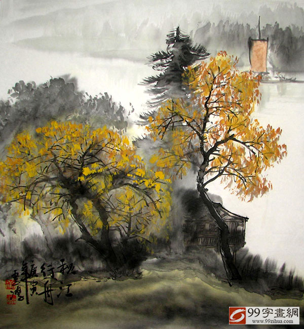美品　在銘　山水画 肉筆 水墨山水画【風水山水図】新築 新宅 引越 開運絵画 縁起物
