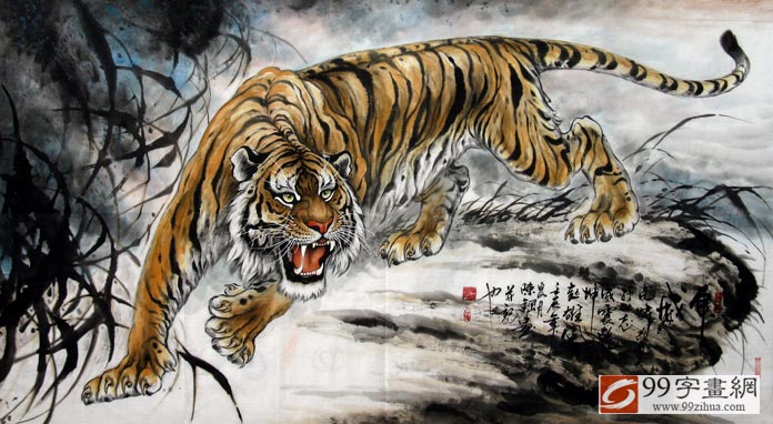 国画走兽五虎图《五福图》 - 虎画- 99字画网