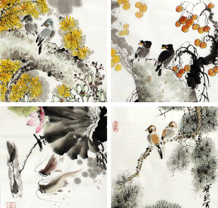 王宝钦四尺精品花鸟条屏《清香》局部展示