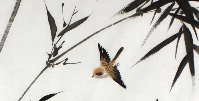 何华贤墨竹双雀装饰国画青云路上- 竹子画- 99字画网