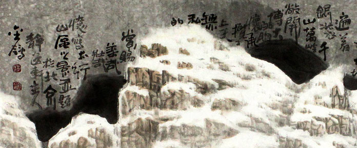 中美协赵金鸰太行雪村系列四尺斗方《邨头》局部展示