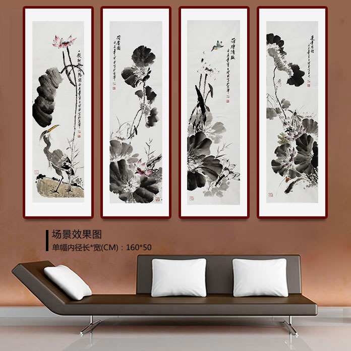 中国名人书画家协会副主席王宝钦荷花四条屏 装饰示意