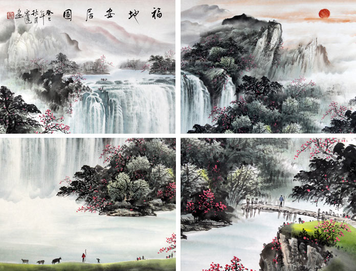 张宏达四尺客厅风水聚宝盆《福地安居图》局部展示
