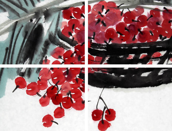 国画樱桃小鸡花鸟画- 雄鸡图- 99字画网