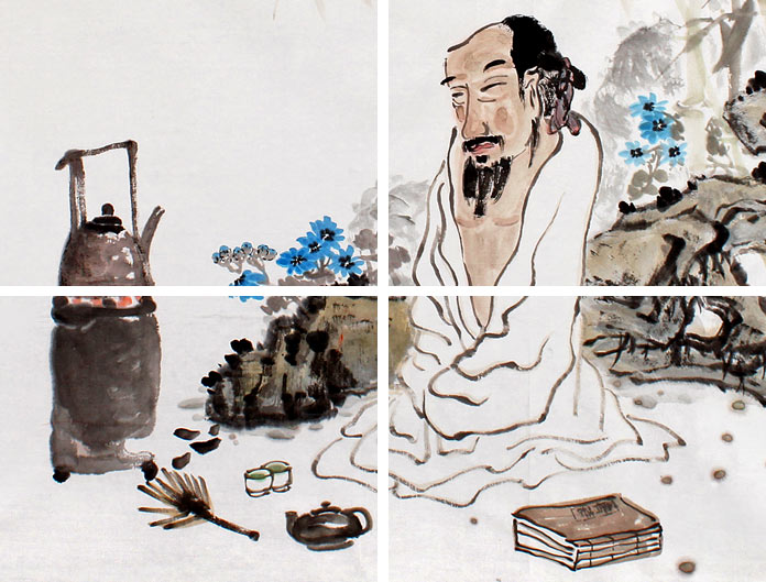 李胜春四尺斗方水墨人物画《一盏新茶一卷诗》 - 佛禅高士- 99字画网