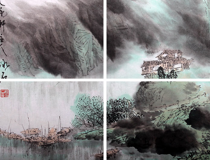 程冰石四尺斗方国画山水《祥云流水》 - 写意山水画- 99字画网