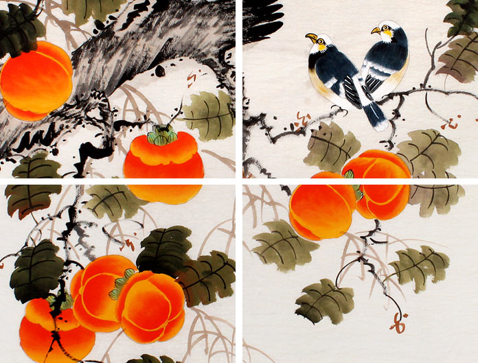中国古美術★純手描き四尺竖幅・柿柿如意画芯★水彩画・斉白石印款・肉筆・宣紙・文房 中国古美術☆純手描き四尺竖幅・柿柿如意画芯☆水彩画・斉白石印