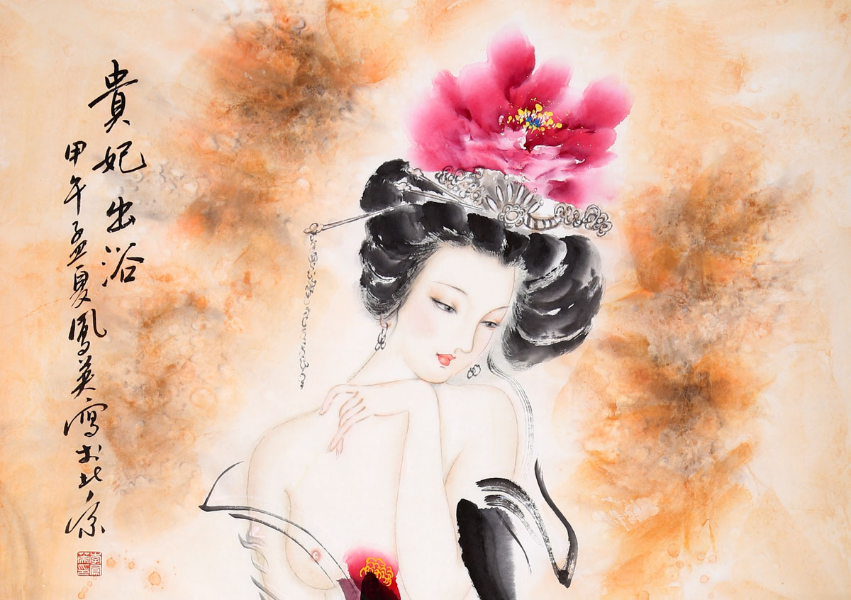 中国古美術・純手描き六尺人物掛軸・国画仕女图・張大千印款・書道・