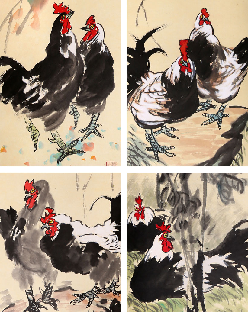 精品四条屏- 雄鸡图- 99字画网