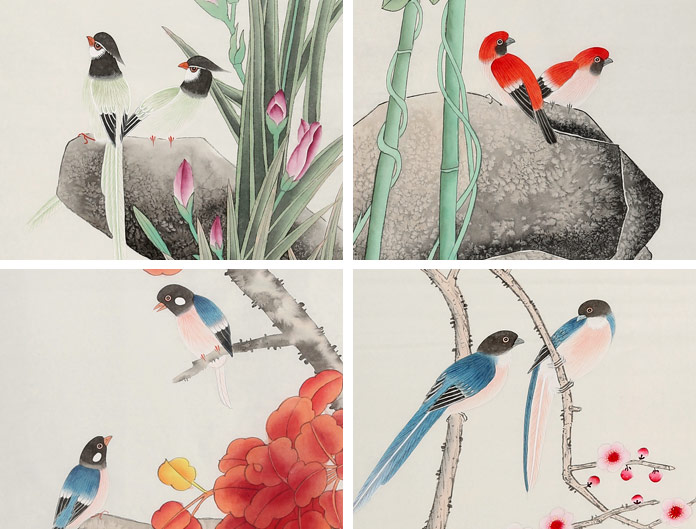 美品　花鳥 北京美协凌雪四条屏花鸟画《四时花鸟》 - 花鸟画- 99字画网