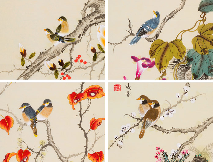 凌雪四条屏《春夏秋冬》 北京美协会员- 花鸟画- 99字画网