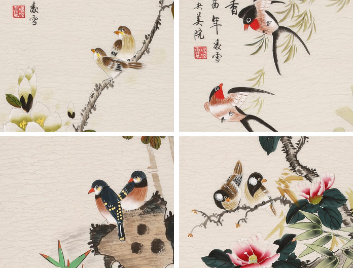 凌雪四条屏工笔国画《四时皆芳》 - 花鸟画- 99字画网