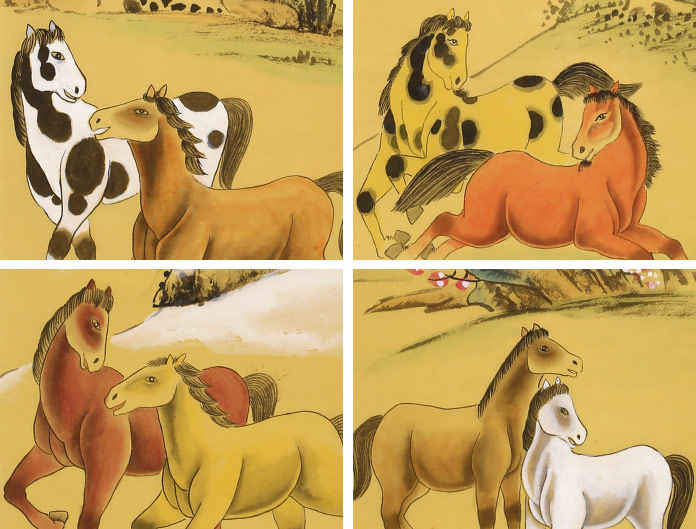 凌雪四条屏工笔国画《马到成功》 - 骏马图- 99字画网