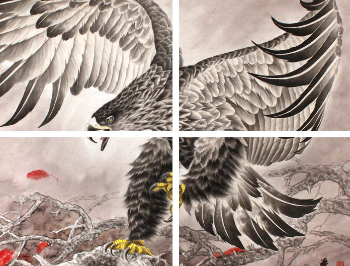 传统水墨 花鸟画 雄鹰展翅图【作品简评】葛化帅先生的这幅雄鹰国画