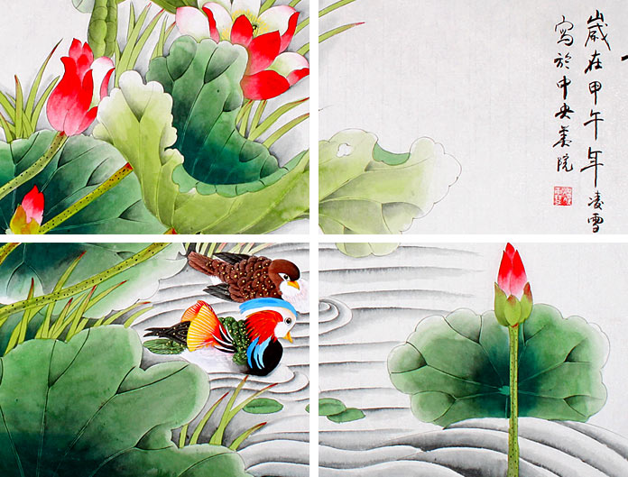 北京美协凌雪四尺荷花鸳鸯《和和美美 荷花图 99字画网