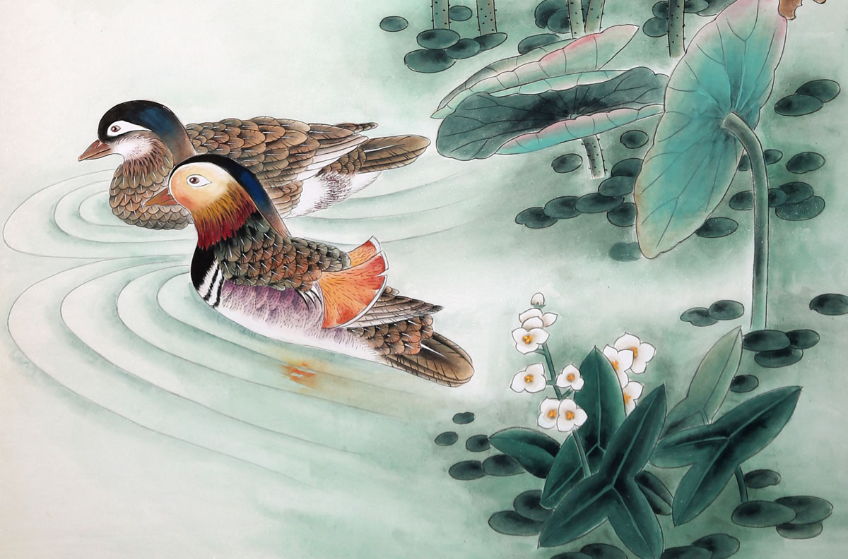 sk河南美协董书林四尺精品国画《荷风护鸳鸯》