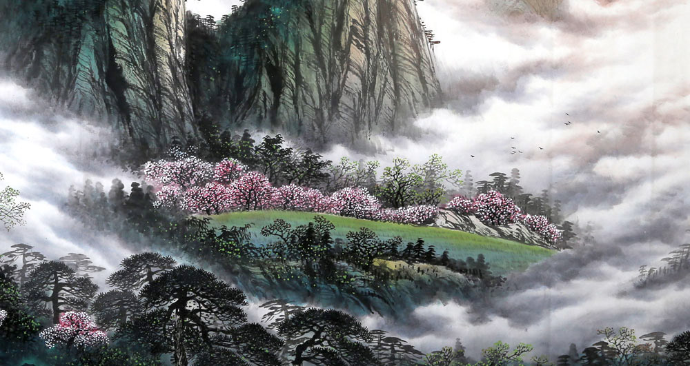 此幅国画作品《青山半是云》,描绘的是一幅春天的美景,满山遍野的桃花