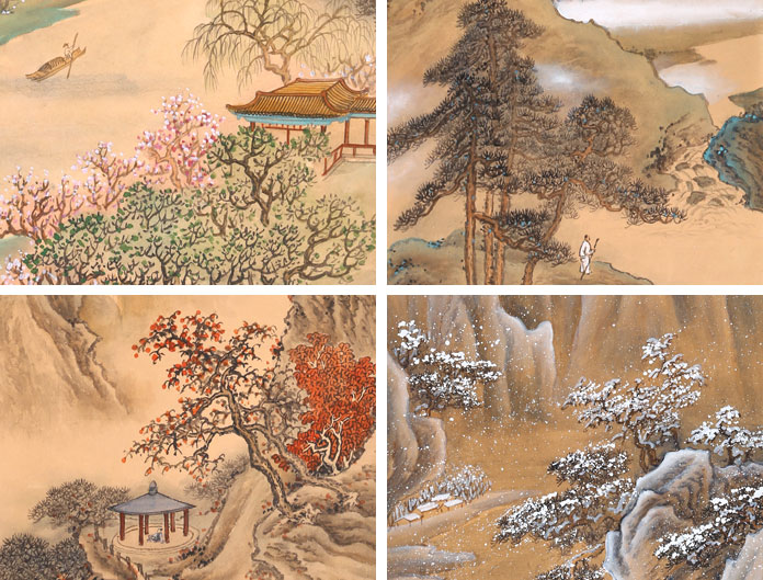 【已售】何实 四条屏《春夏秋冬》吉林著名山水画家