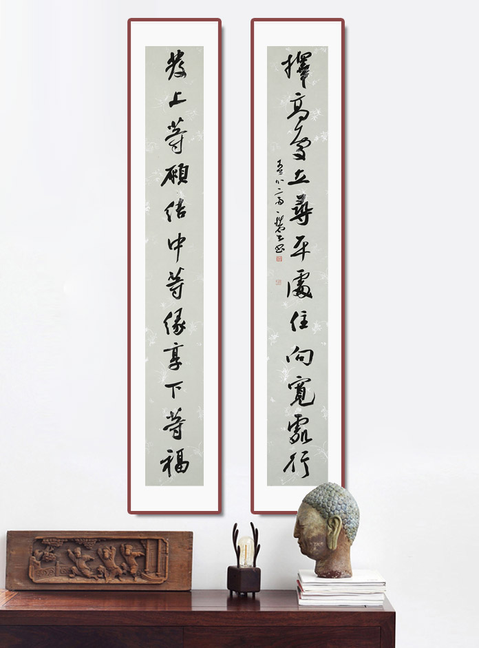 书房对联书法《竹雨松风琴韵 茶烟梧月书声》 - 行书 - 99字画网