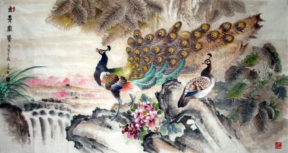 国画孔雀《金翠富贵》 - 孔雀图- 99字画网