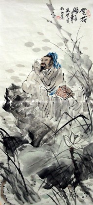 【已售】三尺写意人物画《赏荷》