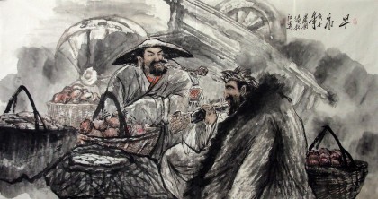 【已售】六尺写意人物画《早市》