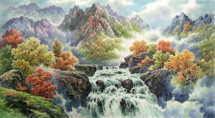 【已售】金淑范《二寿峰黎明》朝鲜国画