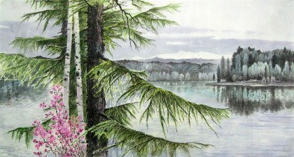 金山贞《在三池渊望白头山》朝鲜国画