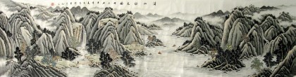 【已售】八尺对开山水画《溪山访友》