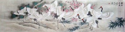 【已售】大八尺对开国画《梅鹤迎春》