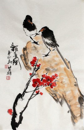 精品四尺三开花鸟《报春图》