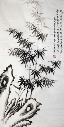 戚明四尺水墨石竹图