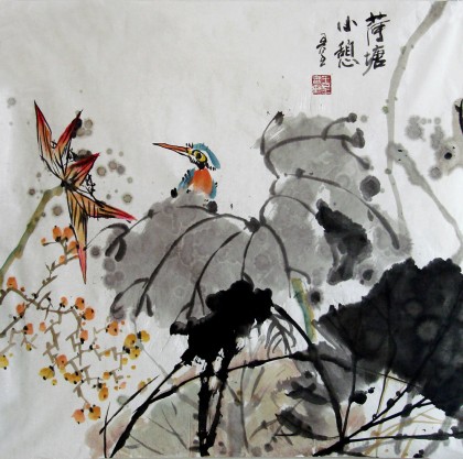 【已售】王呈四尺斗方国画《荷塘小息》