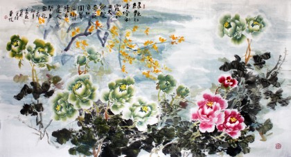 姜康六尺牡丹画《绿艳红香》