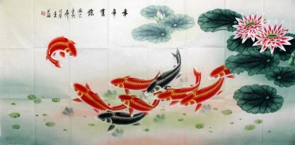 【已售】四尺吉祥九鱼图《连年有余》