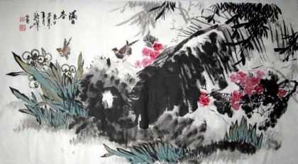 蒋峰三尺写意花鸟画《满目春色》
