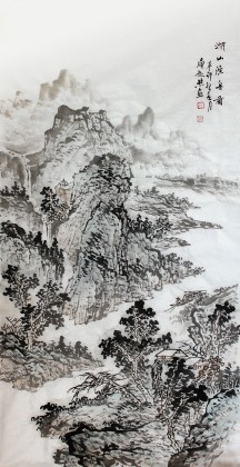 SK庾超然四尺山水画《湖山渔舟图》