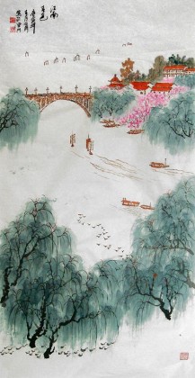 李明成四尺写意山水画《江南春色》