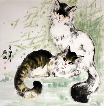 【已售】颜涵精品四尺斗方双猫图