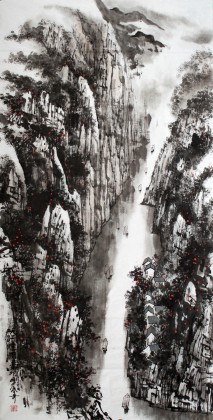 【已售】张春奇四尺山水作品《峡江烟雨》徐悲鸿纪念馆艺术中心理事
