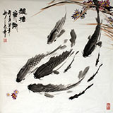 张春奇水墨鱼作品《秋溏鱼趣》