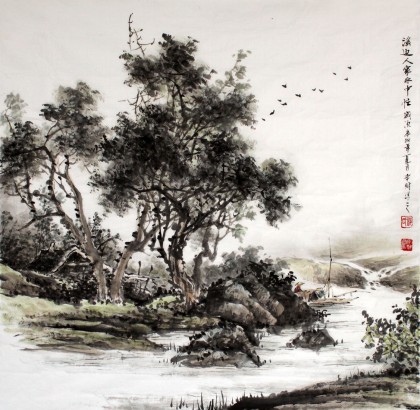 【已售】吉林美协邹本财四尺斗方《溪边人家水中忙》