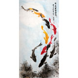 【已售】张春奇四尺九鱼图《清泉碧藻乐悠悠》