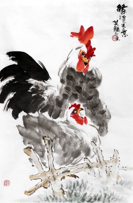【已售】画鸡名家刘其墉作品《缘随天意》