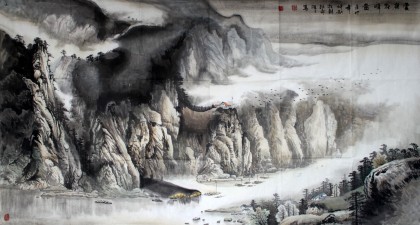 郑旺三六尺山水画《云岭朝晖图》